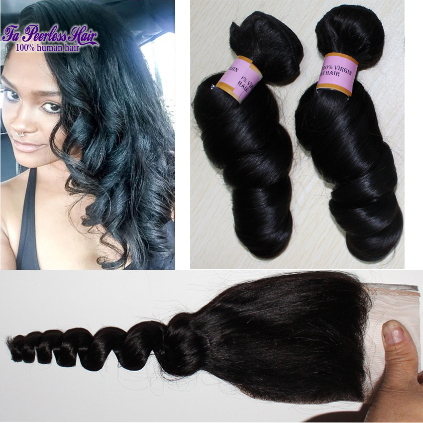 Peruvian Loose Wave 3 Bundles with Silk Closure 7A Unprocessed Peruvian Virgin Hair with Closure Wet and Wavy Human Hair Postis