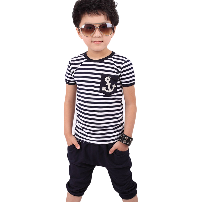 New 2015 summer clothing sets kids pants Top boys girls Stripe and plaid clothes children tracksuit