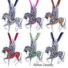2015 New mix color Crystal Pegasus Fly Horse Pendant Ribbon Rope Lobster Clasp Necklace Costume Jewelry