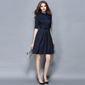 Spring Autumn Women Wear To Work Vestido Slim Navy Blue Bow Belted Turn down Collar Half