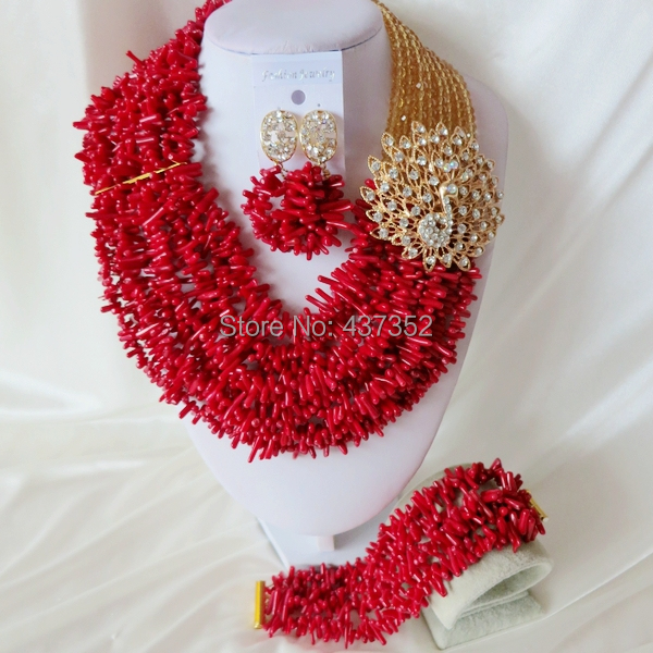 Handmade Nigerian African Wedding Beads Jewelry Set , Champagne Gold Crystal Coral Beads Necklace Bracelet Earrings Set CWS-431