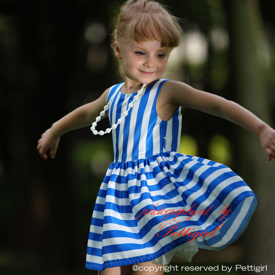 New Hot Sale Fancy Baby Girl Dress  White and Blue  Stripe Dress Children Summer Clothes Retail Kids Gift GD80828-124F