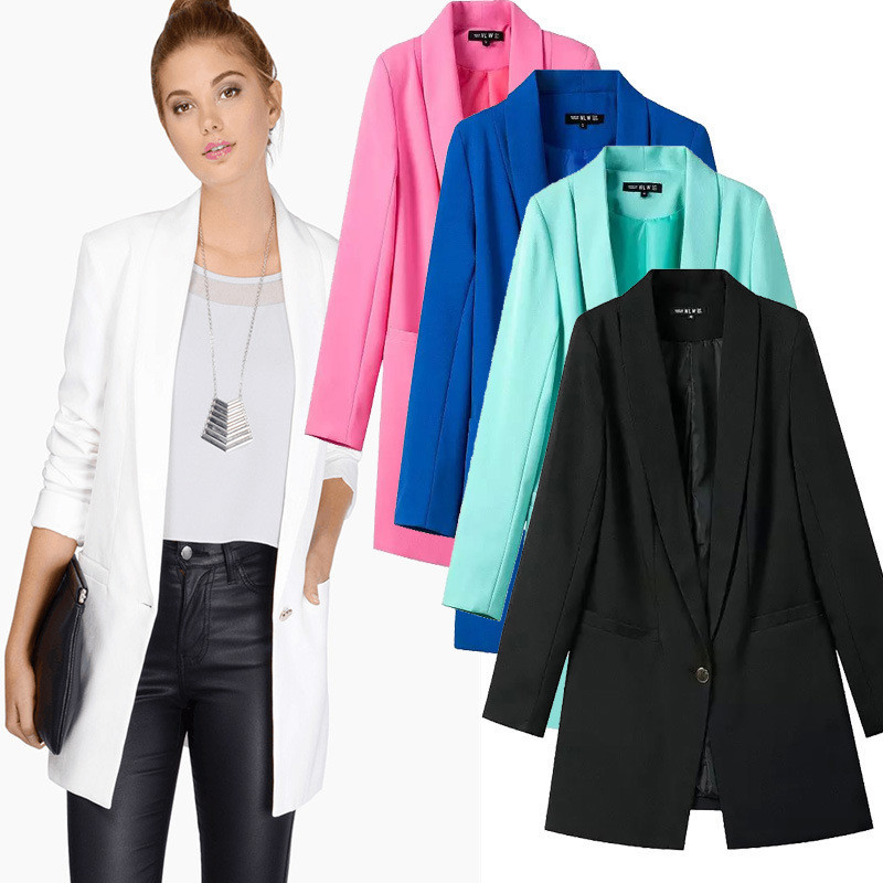 Womens Long Blazers Single Button Long Sleeve Power Shoulder Slim