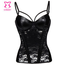 Corzzet Black Faux Leather and Lace Bra Push Up Steel Boned Steampunk Gothic Corpetes Sexy Lingerie Hot Women Underwear