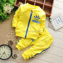 2015 New 100 Cotton Long Sleeves Spring Baby Sets Round Neckline Zipper Printing Outwear Pants 2pc