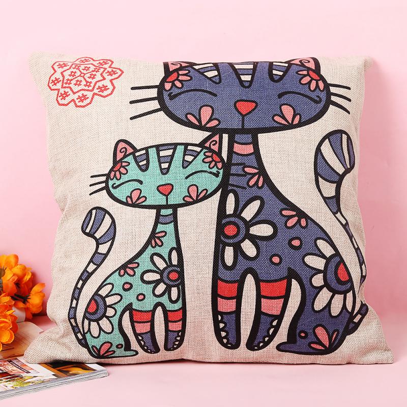 1pc Cartoon 2 Cats Pillow Cover Cushion Cover Linen Lovely Cat Print Sofa Decor Cushion Cover/pillowcase