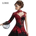 Real Black Gothic Ball Gown Wedding Dresses 2016 High Neck Long Sleeve Red Lace Appliqued Floor