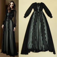 2 Color Hot!!! 2015 Spring Summer Europe Brand New Perspective Long sleeve Lace Black Slim Waist Big swing Dresses Long Dress