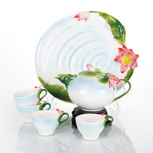 Enamel Porcelain Fashion Cute Tea Mugs Creative Hand Painted Green Red Lotus Flowers Tea Cup Sets