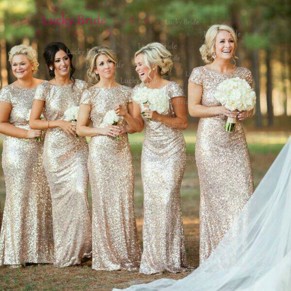 Wedding Nude Bridesmaid Dress online get cheap nude bridesmaids dresses aliexpress com shiny sequined bridesmaid with cowl back mermaid maid of honor gowns short sleeve