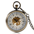Luxury Bronze Open Face Roman Numbers Mechanical Hand Winding Pocket Watch Flower Skeleton Women Exquisite Pendant