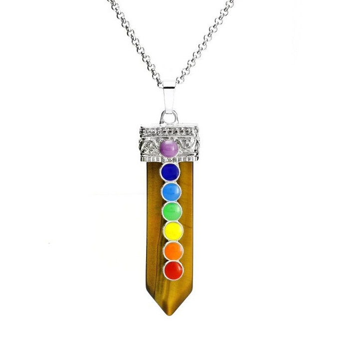 Unisex Crystal Quartz Seven Chakra Power Healing Gemstone Balancing Stone Reiki Focal Beads Sword Pendant Necklace, 20 Inch Stainless Steel Chain tiger eye
