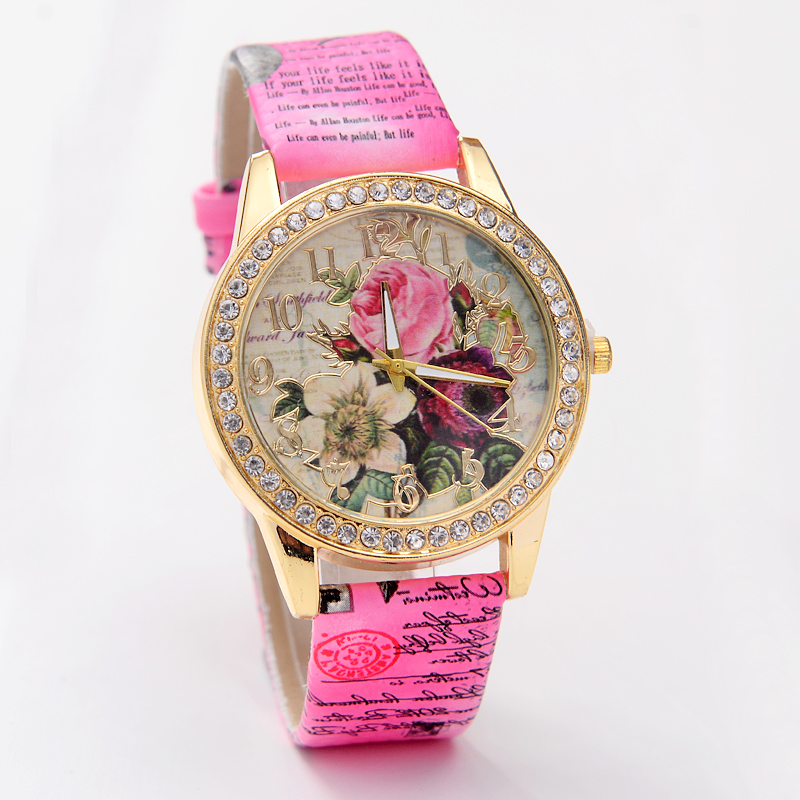 2015 New Fashion GENEVA Rose Flower Watches Women Dress Watch stylish women casual watch Quartz Watch Pattern Rhinestone Relogio