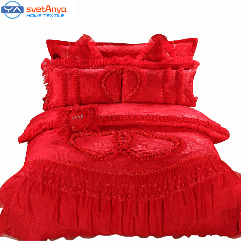 10pc/6pc Lace bedcover set red/pink luxury wedding bedding sets double queen king size duvet cover+bedcover+Pillow sham+cushion