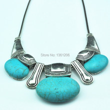 N10 Green Turquoise Stone Natural Stone Necklace Pendant Jewlery Women Vintage Look Tibet Alloy free shipping