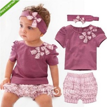 Baby Girl Clothing Flower Print Short Sleeve Tshirt Pant Headband 3 PCS Set Summer Baby Girl Clothes Set Purple Roupa De Bebe