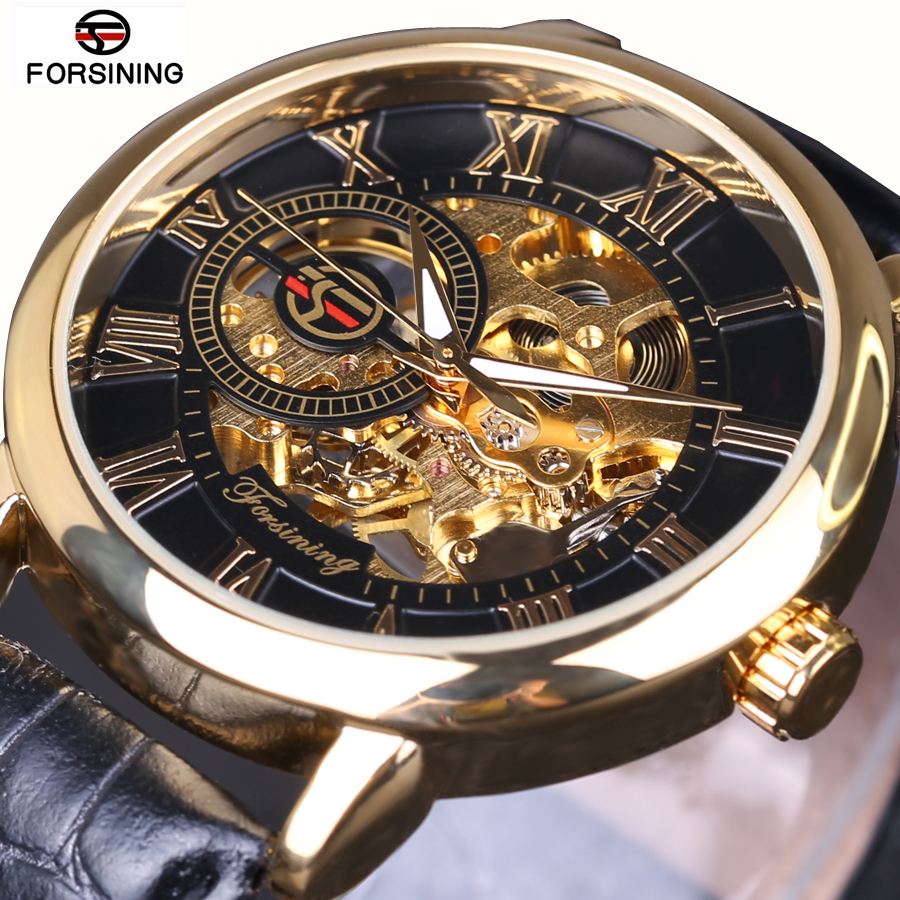 2016 FORSINING Fashion Design Black Gold Watch hand wind mechanical watch for men black leather band