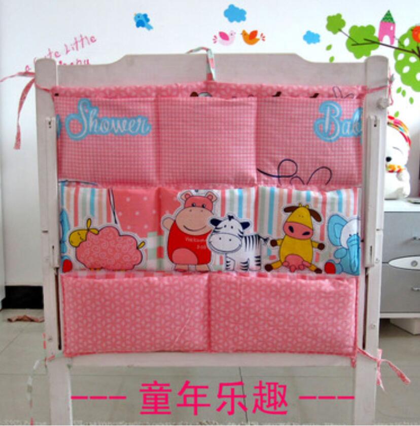 Baby Bed Hanging Storage Bag Cartoon Cotton Pockets For Toy Diaper Baby Crib Organizer Free Shipping