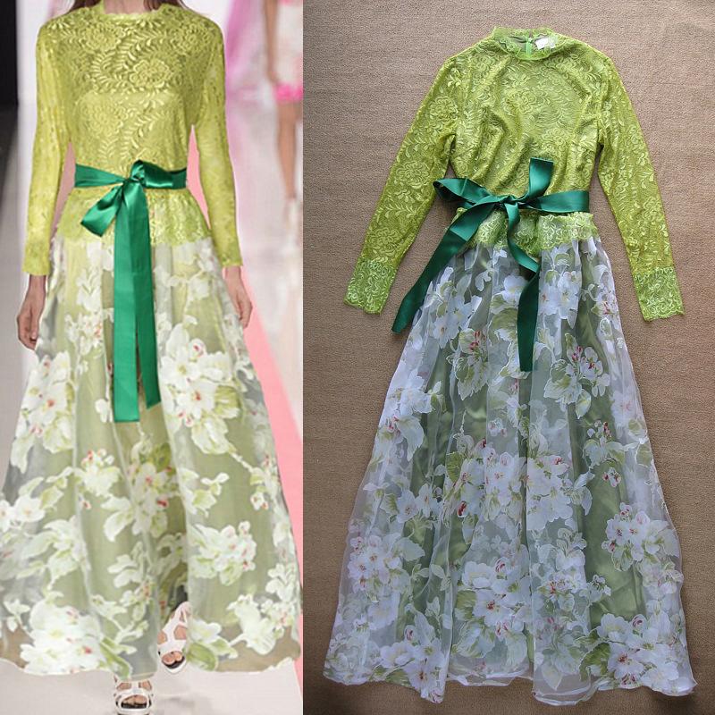 Lace Print Long Dress 2016 Spring Women Elegant Green Lace Floral Patchwork Long Sleeve Floor-Length Lace Maxi Dress Fiesta