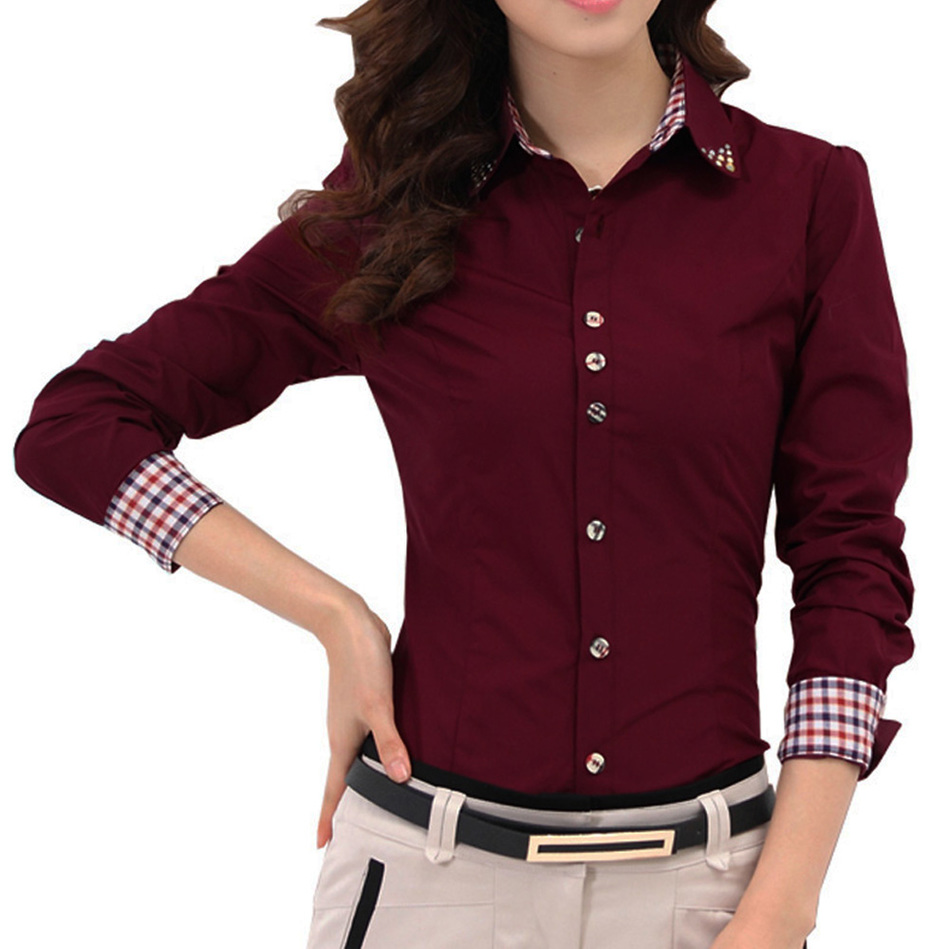 2016 Autumn Spring Women Shirt Patchwork font b Plaid b font ladies office shirts Basic Top
