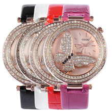 Luxury Rose Gold Bling Crystal Butterfly Ladies Relogio Women Genuine Leather Strap Bracelet Quartz Gift Rhinestone