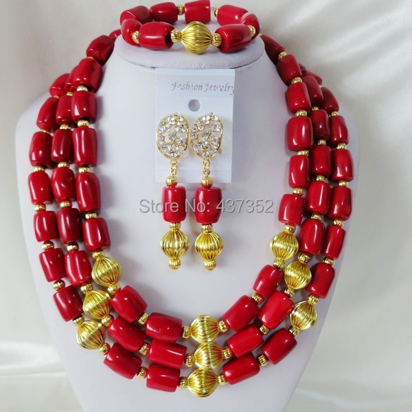 Handmade Nigerian African Wedding Beads Jewelry Set , Red Coral Beads Necklace Bracelet Earrings Set CWS-394