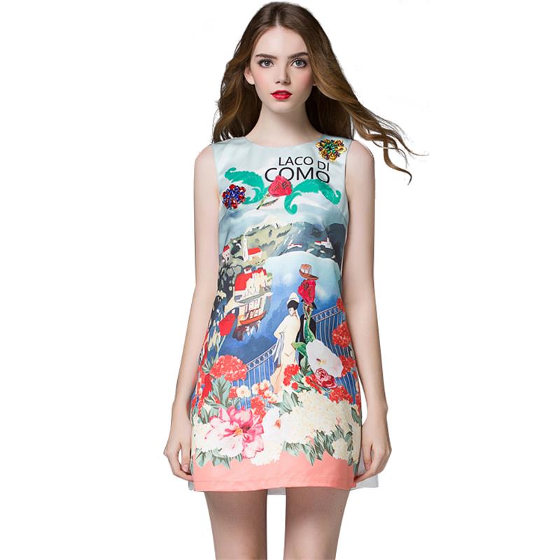 2016 Brand Desigual Runway Dress Women Spring Summer Fashion Beading Printed Sleeveless Mini Short Vestidos De Festa