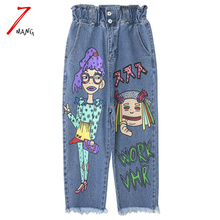 2016 new spring women’s novelty harajuku cartoon girl painted wide leg jeans with tassel