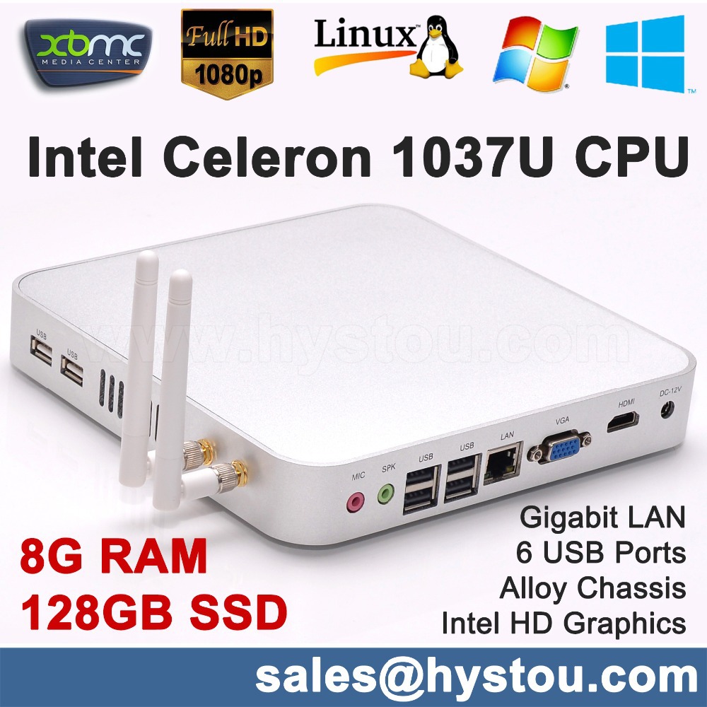 Hystou HTPC высокая конфигурация 8 ГБ RAM 128 ГБ SSD мини-пк неттоп мини-пк Intel Celeron 1037U двухъядерный wifi, 3D игры без вентилятора, металл чехол