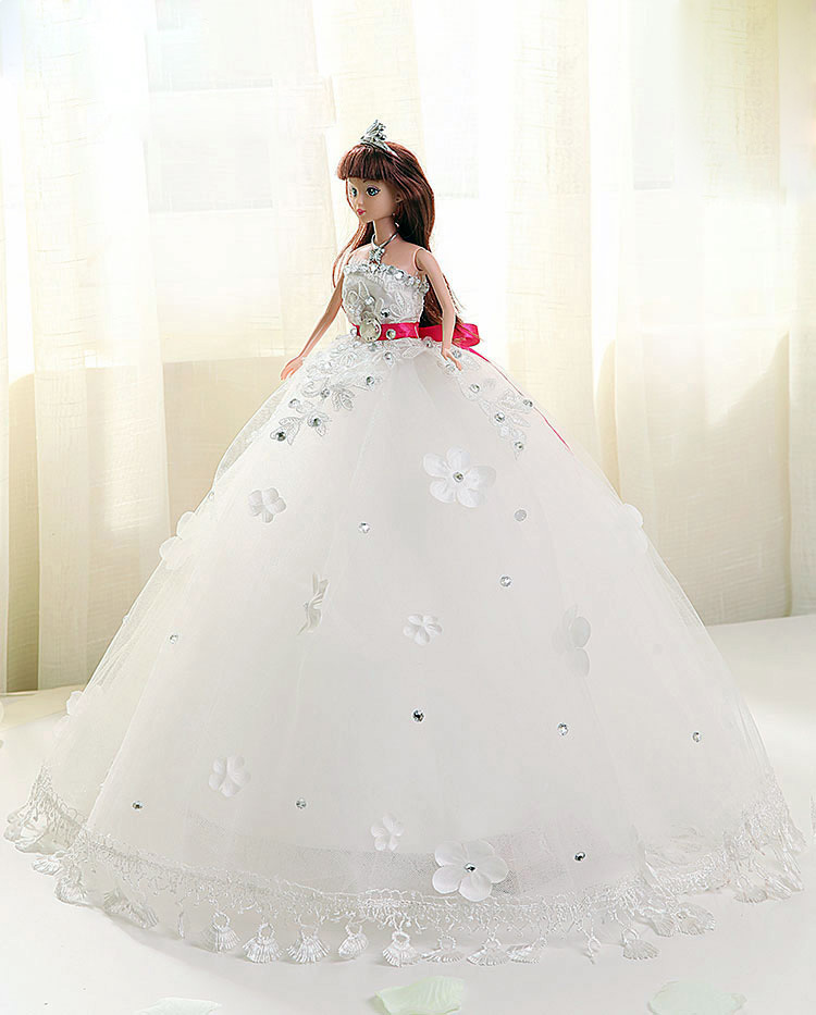 Doll + Wedding Dress /100% Handmade White Crystal Lace Bride Wedding Doll Princess Evening Gown For Kurhn Barbie Doll Decoration