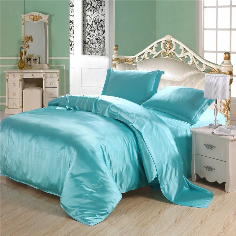 Luxury Turquoise Quilt Silk Comforter Set Duvet Cover 4pc Plus