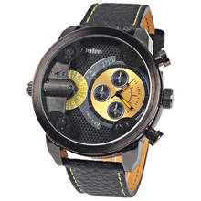 Oulm 3130 Men Military Watch with Double Movt Numbers and Strips Hours Marks Leather Band Quartz