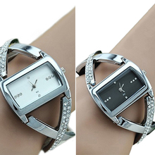 Moda para mujer de cristal acero inoxidable del Rhinestone Accent PU correa de cuero de cuarzo analógico pulsera vestido reloj 14B9