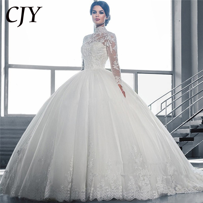 2016 White Ball Gown Wedding Dress Lace Sheer Neckline Long Sleeve Tulle Wedding Dress Vestidos 8261