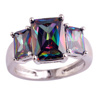 Wholesale Art Deco Unisex Rings Emerald Cut Colorful Rainbow Topaz 925 Silver Fashion Party Jewelry Size 7 8 9 10 Free Shipping