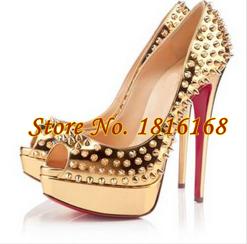 Italian Brand Women Fashion Design Red Bottom Peep Toe Black Gold ...