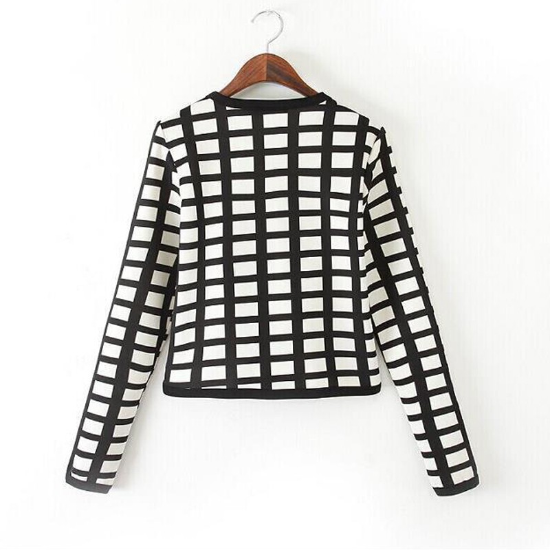 2015 New Jackets for women short style long sleeve plaid black and white women Jackets casual clothing fashion Coat JT13 (5)