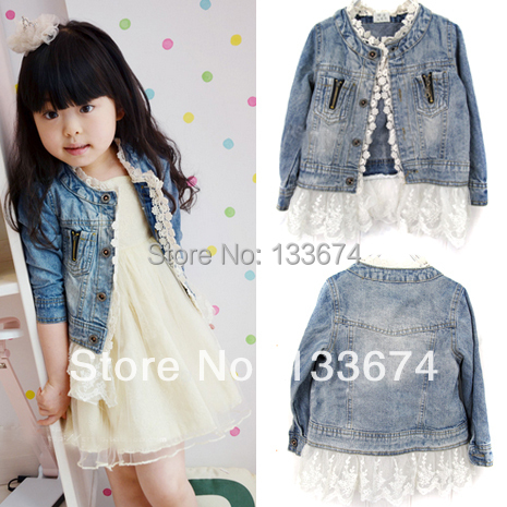 Freeshipping Baby Girls Kids Lace Cowboy Jackets Denim Top Button Outerwear Outfits Jean Coat 2 7T