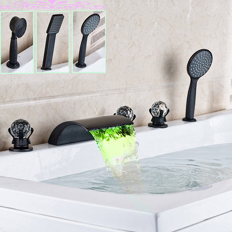 LED Light Widespread Waterfall Tub Filler Deck Mounted Oil Rubbed Bronze Tub Mixer Taps with Hand Shower