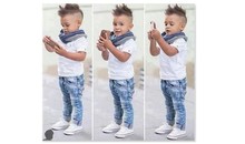2015 summer boys denim clothing sets kids boys handsome short sleeved T shirt denim jeans scarf