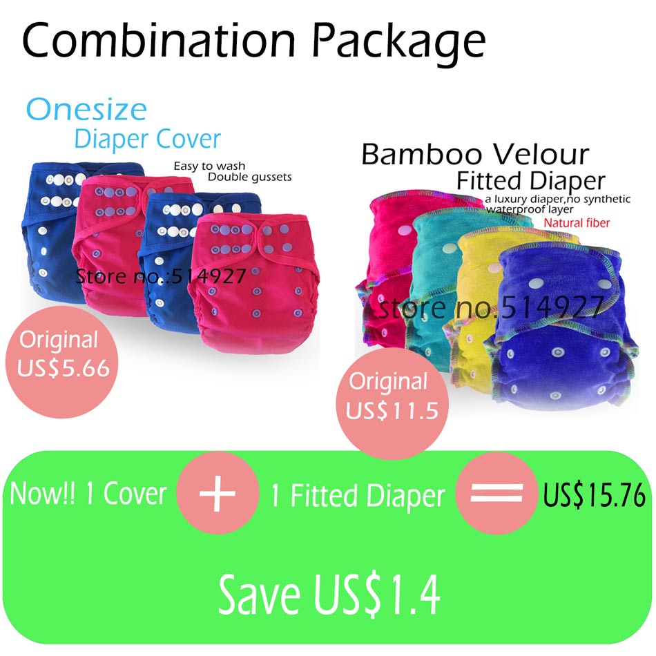 Baby Washable Reusable Real Cloth Bamboo Velour Fitted AI2 Cloth Diaper with a Waterproof Diaper Cover