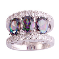 lingmei Wholesale Noble Silver Jewelry Mysterious Rainbow Topaz & White Sapphire 925 Silver Ring Size 6 7 8 9 10 Free Shipping