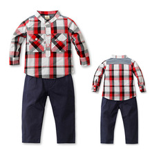 2014 autumn children s boy clothing set plaid T shirt casual pants kids suits kids sets