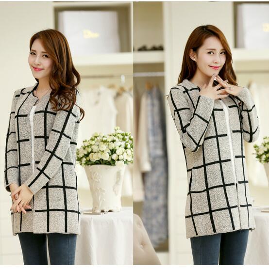 2016 new sweater knitted woolen jacket and long sections women knit cardigan sweater female big lattice