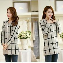 2016 new sweater knitted woolen jacket and long sections women knit cardigan sweater female big lattice