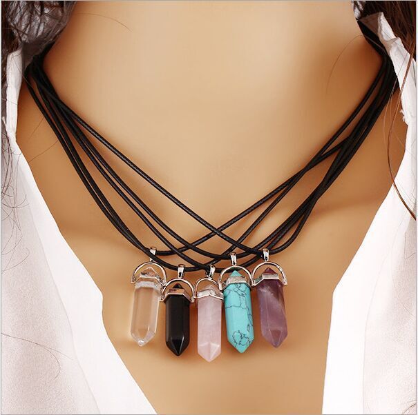 Fashion Jewelry Hexagonal Column Necklace Natural Quartz turquoise Agate Amethyst Stone Pendant Necklace Valentine s Day