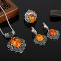 HENSEN Unique Design Turkish Jewellery Set Antique Silver Plated Black Crystal And Faux Amber Vintage Jewelry