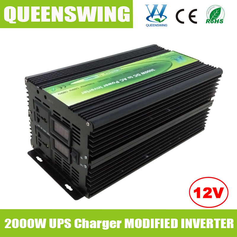 QUEENSWING Modified Sine Wave Power Inverter DC AC 12V 220V 2000W with UPS Charger and digital