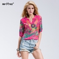 FROMMAZZ 2016 Women Lady 2016 Summer New Fashion Causal Round Neck Half Sleeve Printed Floral Top