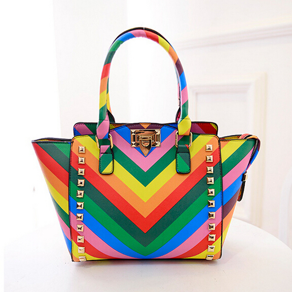 2015 Colors Block Rainbow Bag Spring Bags Women Handbag Rivet Messenger
